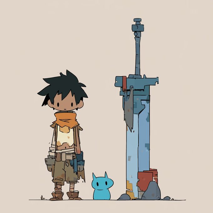 A cartoon-style drawing of a young boy with a scarf standing next to a giant, blue, rusty sword stuck in the ground, accompanied by a small blue creature.