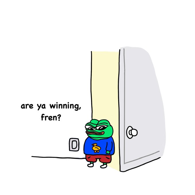A meme-style illustration of a green Pepe the Frog character in a blue shirt peeking through a doorway, asking 'are ya winning, fren?'.
