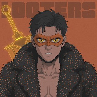 An illustrated portrait of a masked character with an orange domino mask, wearing a dark studded jacket, with a golden sword and the word 'ROOTERS' in the background.