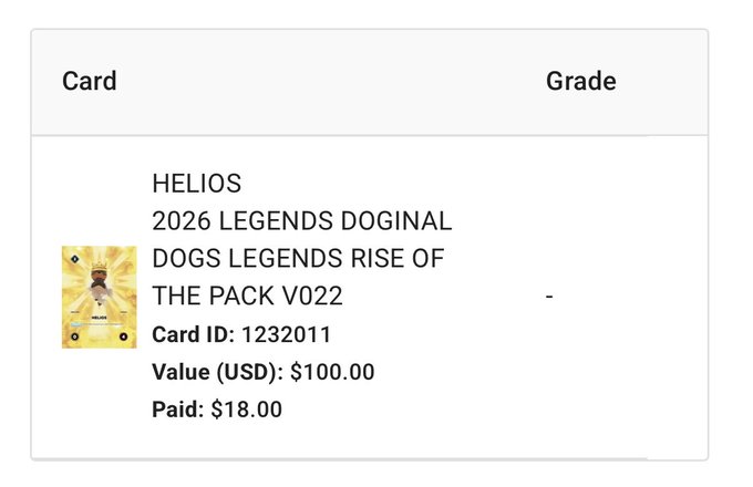 A card listing interface shows a 'HELIOS' card from '2026 LEGENDS DOGINAL DOGS LEGENDS RISE OF THE PACK V022' with Card ID 1232011, valued at $100.00 and paid $18.00, with no grade listed.