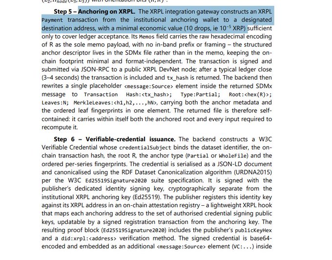 A screenshot of a document with sections labeled 'Step 5 – Anchoring on XRPL' and 'Step 6 – Verifiable-credential issuance', describing XRPL transactions and W3C Verifiable Credentials, with 'Step 5' text highlighted in blue.
