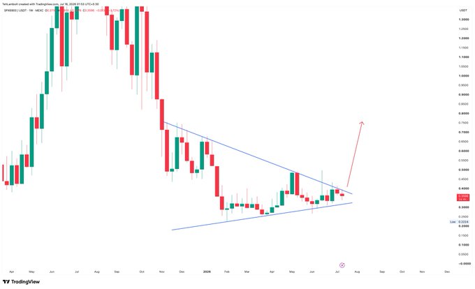 A TradingView weekly candlestick chart of the SPX6900/USDT pair shows a descending triangle pattern forming between approximately 0.20 and 0.40, with a red arrow indicating an anticipated breakout above the upper trendline near the 0.40 resistance level.