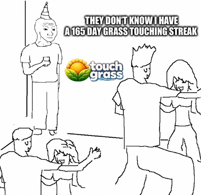 A line-drawn Wojak meme showing a character in a party hat at a party, with text reading 'THEY DON'T KNOW I HAVE A 165 DAY GRASS TOUCHING STREAK' next to a 'touch grass' logo.