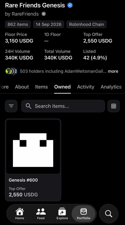 A screenshot of the Rare Friends Genesis NFT collection on Robinhood Chain showing 862 items with a floor price of 3,150 USDG and top offer of 2,550 USDG, displayed on the "Owned" tab featuring Genesis #600 with a top offer of 2,550 USDG. The image relates to the post by illustrating the NFT asset tied to the $RAREFRIEND token decision between the "Activate" and "Convert" options for Genesis holders.