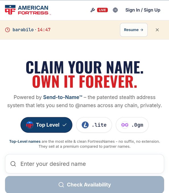 Screenshot of the American Fortress website showing a 'CLAIM YOUR NAME. OWN IT FOREVER.' campaign powered by Send-to-Name, offering Top Level domains like .lite and .0gm.