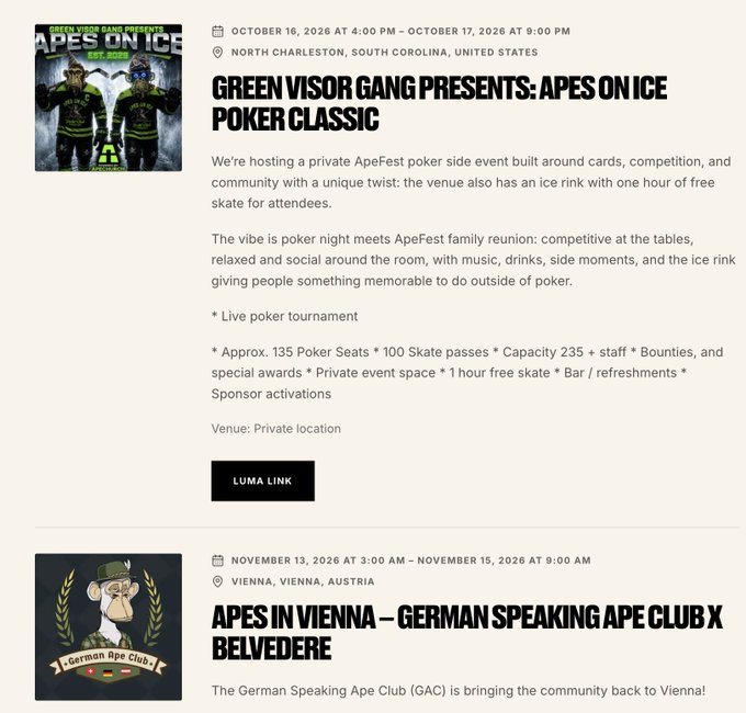 A webpage listing events, including 'GREEN VISOR GANG PRESENTS: APES ON ICE POKER CLASSIC' on October 16-17, 2026 in North Charleston, South Carolina, and 'APES IN VIENNA - GERMAN SPEAKING APE CLUB X BELVEDERE' on November 13-15, 2026 in Vienna, Austria.