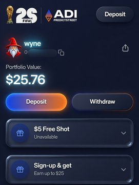 This screenshot shows a user account on ADI Predict Street with a portfolio value of $25.76, featuring a "Sign-up & get Earn up to $25" offer. The post promotes a limited-time offer of $25 instantly per account from ADI Predict Street.