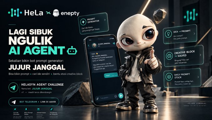 A promotional banner for 'HeLa x enepty' featuring a 3D cartoon character, a smartphone showing an AI chatbot interface named 'JUJUR JANGGAL', and Indonesian text promoting an 'AI AGENT' prompt generator.