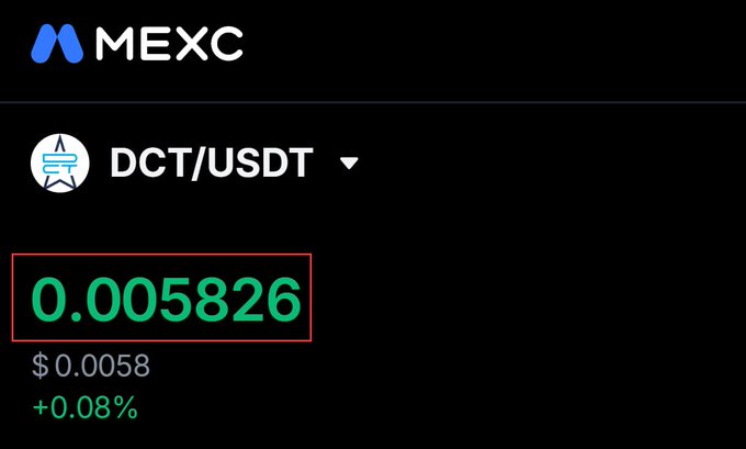 A screenshot of MEXC exchange showing the DCT/USDT trading pair priced at $0.005826 (approximately $0.0058), up 0.08%, which visually confirms the listing of DCT (Roboton token) mentioned in the airdrop announcement.
