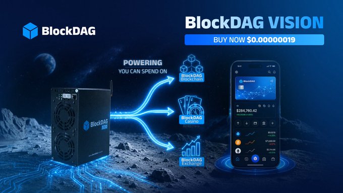 A promotional image for BlockDAG featuring its logo, a mining device, a smartphone app showing a wallet balance of "$284,760.42," and text reading "BlockDAG VISION — BUY NOW $0.00000019," with arrows indicating the platform powers blockchain, a casino, and a payment ecosystem. The graphic visually reinforces the post's announcement that BDAG token claims and staking go live in 48 hours at the limited-time price of $0.00000019.