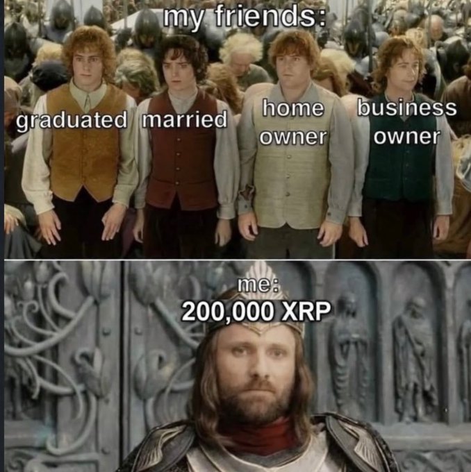 A Lord of the Rings meme contrasting hobbit friends labeled 'graduated,' 'married,' 'home owner,' and 'business owner' with the user as King Aragorn labeled 'me: 200,000 XRP.'