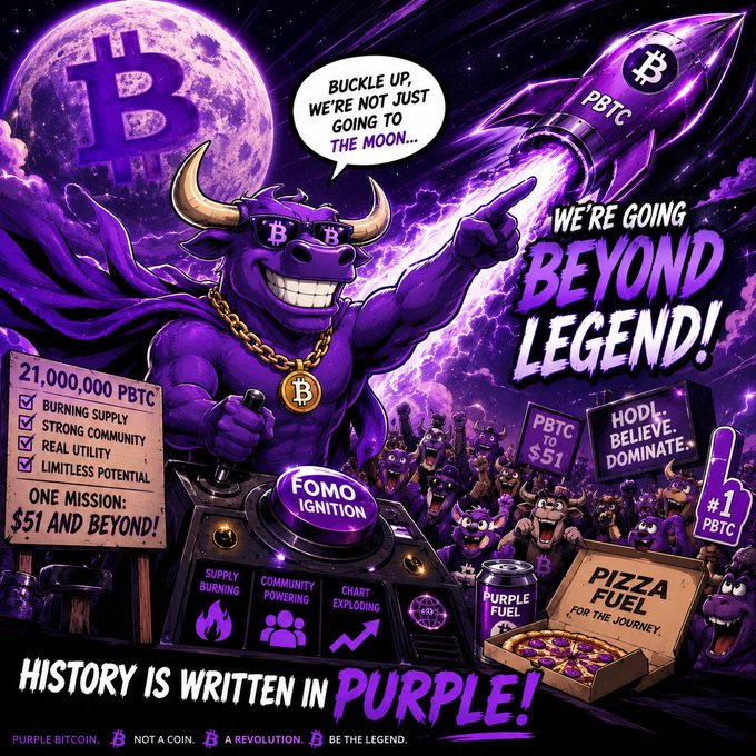 A vibrant purple meme-style illustration for 'PBTC' (Purple Bitcoin) featuring a muscular purple bull with a Bitcoin logo, a rocket launching to the moon, and text including 'WE'RE GOING BEYOND LEGEND!', '21,000,000 PBTC', 'ONE MISSION: $51 AND BEYOND!', and 'HISTORY IS WRITTEN IN PURPLE!'.