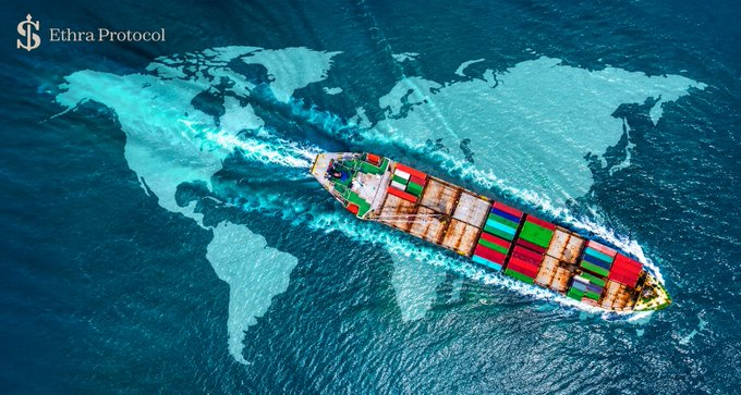 A container ship sails across an ocean overlaid with a world map graphic, featuring the text 'Ethra Protocol' in the top left corner.