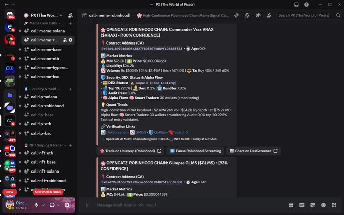 The image shows a Discord chat in the "PX (The World of Pixels)" server, specifically the #call-meme-robinhood channel, where OpenCatz AI posted a high-confidence call for $VRAX on the Robinhood Chain. The original call noted a $76k market cap, $19.7k liquidity, and a 5% 1h decline, with verification links provided. This matches the post's description of OpenCatz calling $VRAX early, which subsequently surged to a $3.59M market cap.