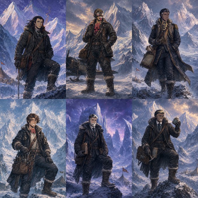 An illustration showing six different character designs of men dressed in winter expedition gear, set against a backdrop of snowy mountains.