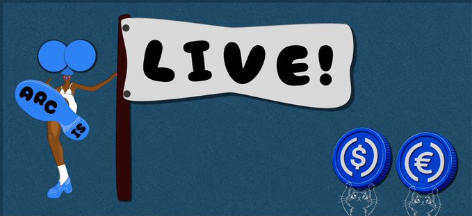 A digital illustration shows a figure carrying a blue skateboard labeled 'ARC' approaching a 'LIVE!' flag, while two large blue coins with dollar and euro symbols watch from below.