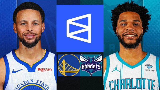 A promotional graphic showing basketball players Stephen Curry in a Golden State Warriors jersey and Miles Bridges in a Charlotte Hornets jersey, with the NBA League Pass logo and both team logos displayed between them.