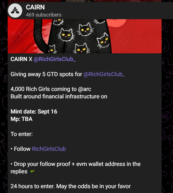 A Telegram post from CAIRN (469 subscribers) announcing a giveaway of 5 GTD spots for @RichGirlsClub_ minting on @arc on September 16, with entry instructions.