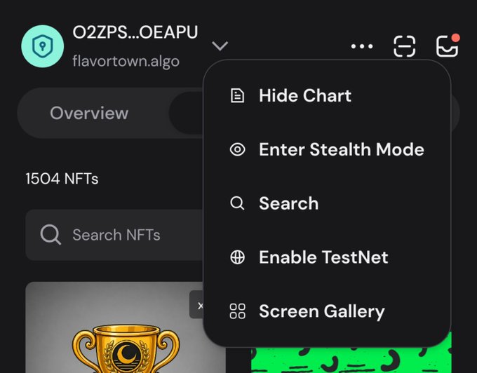 A mobile app interface (flavortown.algo) showing a dropdown menu with options like 'Hide Chart', 'Enter Stealth Mode', 'Search', 'Enable TestNet', and 'Screen Gallery'.
