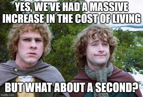 A Lord of the Rings meme featuring Merry and Pippin with text reading 'YES, WE'VE HAD A MASSIVE INCREASE IN THE COST OF LIVING' and 'BUT WHAT ABOUT A SECOND?'