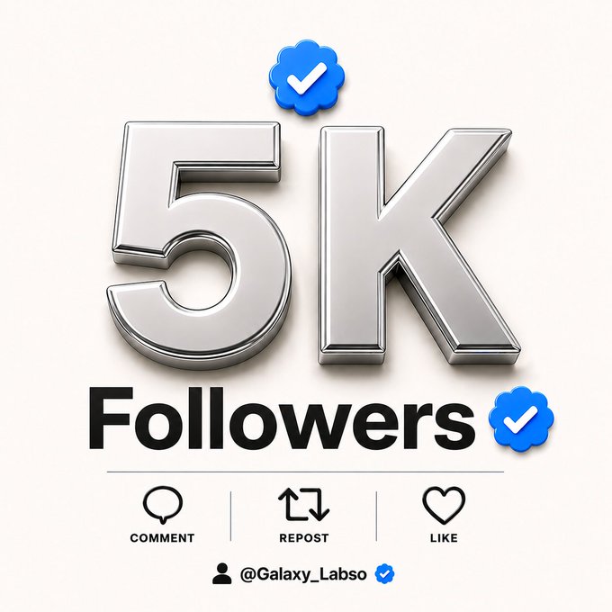 A celebratory graphic announcing '5K Followers' for the account @Galaxy_Labso, featuring silver 3D text, blue verification badges, and icons for Comment, Repost, and Like.