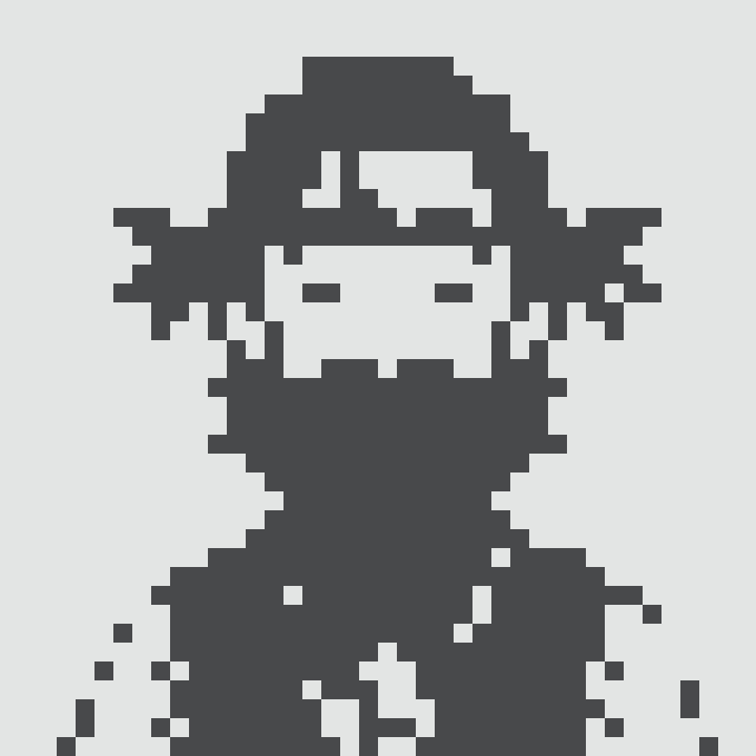 A pixel art portrait of a figure wearing a wide-brimmed hat in dark blue tones on a white background.