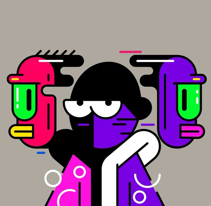 A vibrant, abstract cartoon illustration of a character with a purple face, white eyes, and pink/purple hands raised near its head.