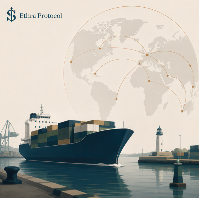 A digital illustration for 'Ethra Protocol' shows a cargo ship docked at a port with a globe displaying global shipping routes in the background.