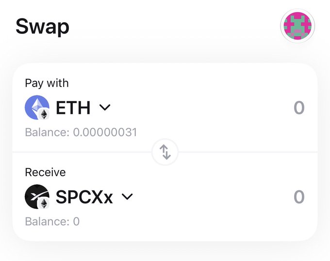 A cryptocurrency swap interface showing an option to pay with ETH (balance 0.0000031) and receive SPCXx tokens (balance 0).