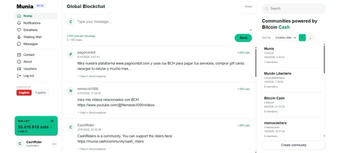 A screenshot of the 'Munia' platform shows a Global Blockchat interface with a message input field, recent messages from users, and a sidebar listing Bitcoin Cash communities, with a wallet balance of 35,410.616 sats.