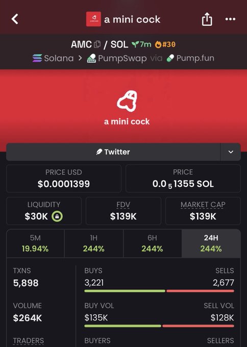 A cryptocurrency token screen displays 'a mini cock' on PumpSwap via Pump.fun on Solana, showing a price of $0.0001399, market cap of $139K, 24H change of 244%, with 3,221 buys and 2,677 sells.