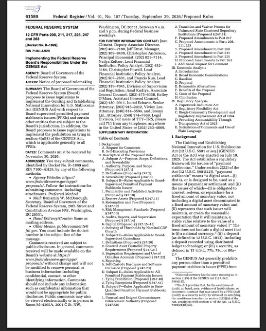 The image shows Federal Register Vol. 91, No. 187 (Tuesday, September 29, 2026) containing the Federal Reserve System's proposed rules titled "Implementing the Federal Reserve Board's Responsibilities Under the GENIUS Act" (Docket No. R-1899; RIN 7100-AH29), with comments due by November 30, 2026. This official publication, identified as document 61580 and spanning pages 71580-71589, directly relates to the accompanying post by formally publishing the 104-page regulatory framework proposal that outlines reserve requirements and other rules for Fed-supervised payment stablecoin issuers under the GENIUS Act.