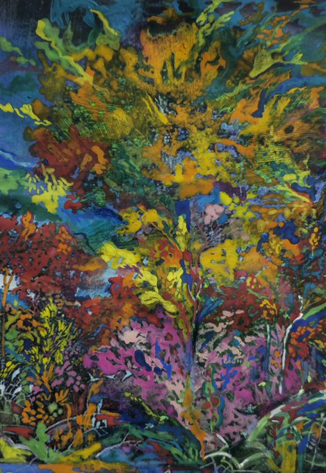An abstract, highly colorful painting features a tree-like form bursting with yellow, red, pink, blue, and green brushstrokes against a dynamic background.