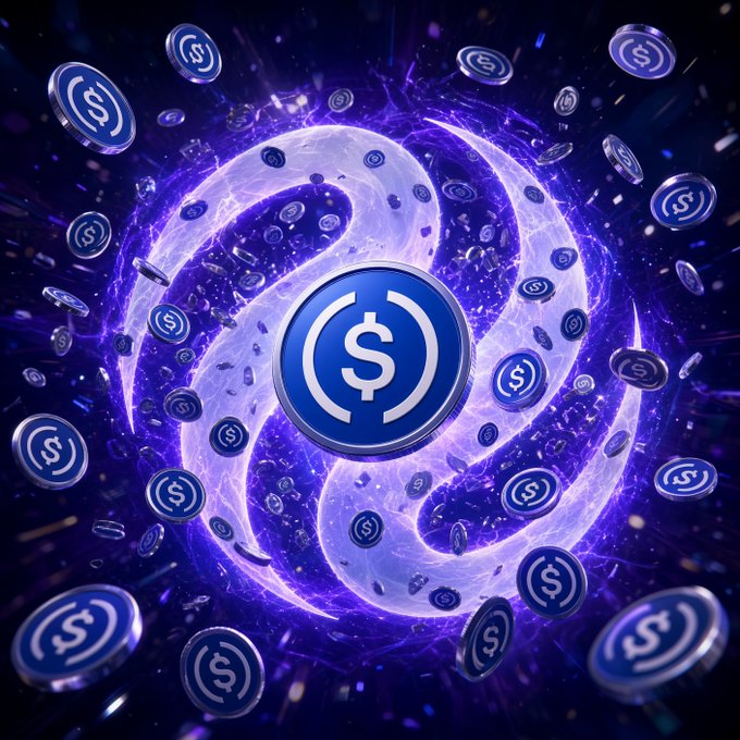 Digital artwork featuring a central blue coin with a dollar sign surrounded by a swirling purple energy vortex and numerous smaller coins flying outward against a dark background.