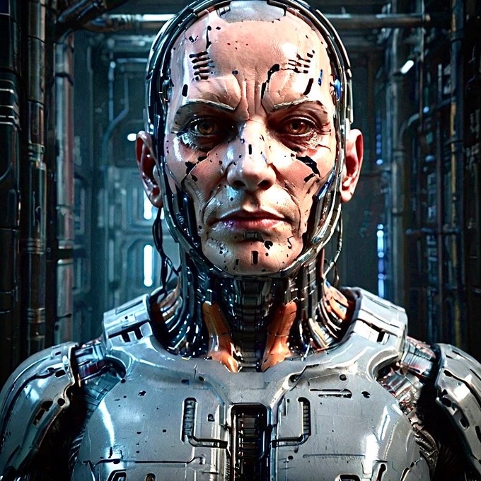 A close-up portrait of a cyborg or android with exposed mechanical parts on its face and neck, glowing eyes, and a metallic body.