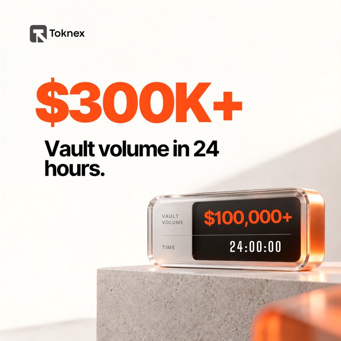 A promotional image for 'Toknex' displays the text '$300K+ Vault volume in 24 hours' next to a 3D rendered device showing a digital display with 'VAULT VOLUME' and '$100,000+'.