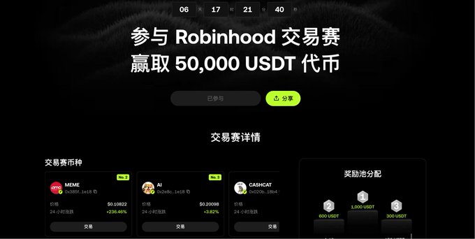 A dark-themed promotional webpage for a Robinhood trading competition with a countdown timer and Chinese text announcing a chance to win 50,000 USDT, featuring tokens MEME, AI, and CASHCAT with price changes and prize pool details.
