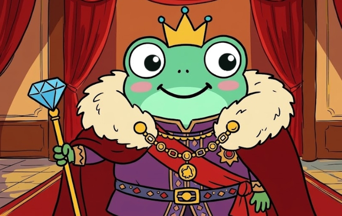 A digital artwork of a cartoonish green frog character dressed as a king, wearing a gold crown, red cape, and royal attire, while holding a scepter topped with a blue diamond.