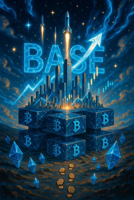 A stylized illustration showing rockets launching from a pile of glowing blue Bitcoin blocks, with the word 'BASE' and an upward trending arrow overlaid against a starry night sky.