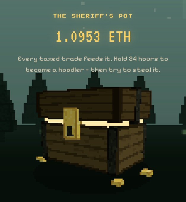 A pixel-art wooden treasure chest sits beneath a dark forest backdrop, with gold coins scattered at its base. Above it, yellow text reads "THE SHERIFF'S POT" showing a balance of "1.0953 ETH," along with the message: "Every taxed trade feeds it. Hold 24 hours to become a hoodler – then try to steal it." The image directly illustrates the post's claim that over 1 ETH has accumulated in the game's prize pot, inviting players to attempt stealing it.