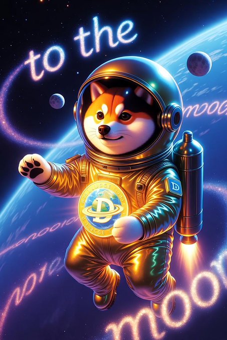A digital illustration of a Shiba Inu dog wearing an astronaut suit with a Dogecoin emblem, floating in space with Earth and moons in the background, featuring the text 'to the moon'.