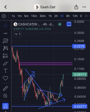 The image shows a 4-hour TradingView chart for the $CASHCAT/USDT ticker (also displayed as "CASHCAT/W..."), currently priced at 0.09171 with a +3.72% gain, overlaid with technical analysis drawing tools marking a complex bottoming pattern.

The chart visually supports the post's claim of a strong recovery ("back to 90 million") by showing a sharp downtrend forming a multi-leg bottom pattern before reversing upward, illustrating the "king returns" comeback narrative described in the caption.