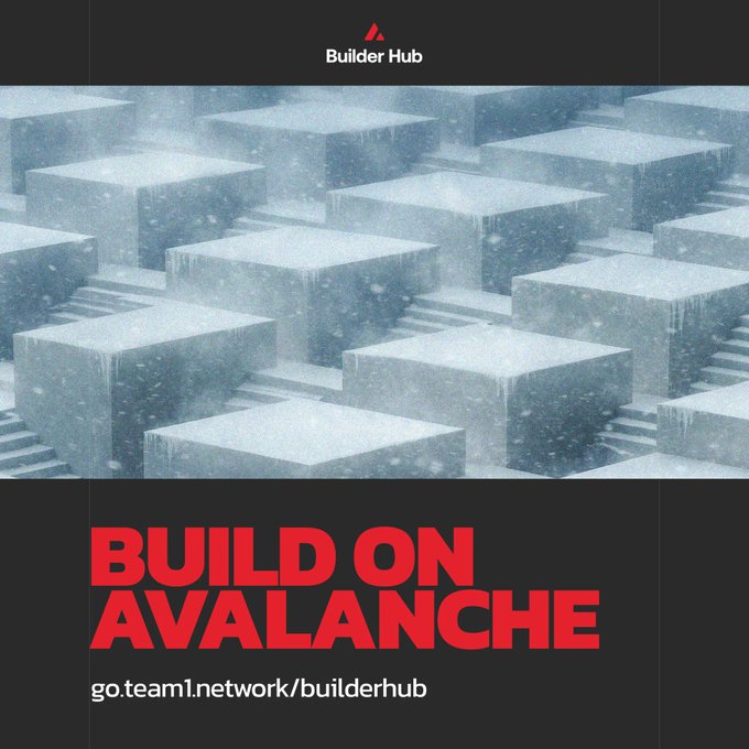 A promotional graphic for 'Builder Hub' with the text 'BUILD ON AVALANCHE' over an image of snowy cubes.