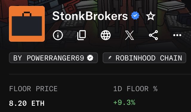 The image shows the NFT collection "StonkBrokers" by POWERRANGER69 on the Robinhood Chain, displaying a floor price of 8.20 ETH with a +9.3% increase over 1D. This aligns with the post's claim that $STONKBROKERS has surpassed BAYC, marking a new era in the NFT market.