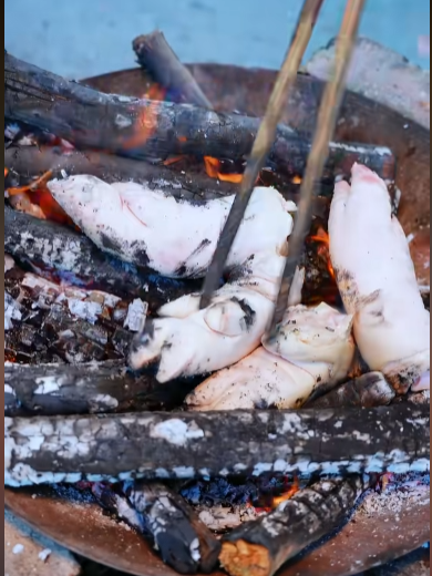 A close-up of fish being grilled over an open charcoal fire, with chopsticks turning the pieces among the hot coals.