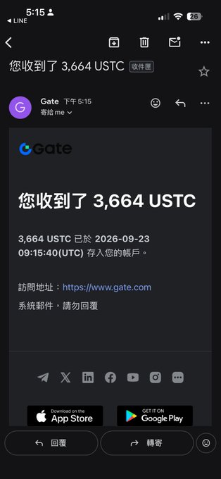 Email screenshot from Gate exchange stating '您收到了 3,664 USTC' (You received 3,664 USTC) deposited on 2026-09-23.