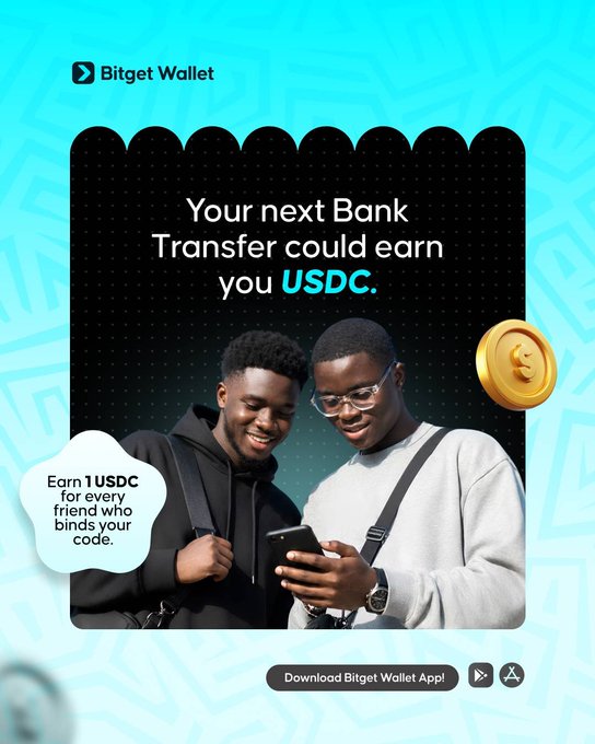 The ad features two smiling young men looking at a phone, with text promoting Bitget Wallet's offer: "Your next Bank Transfer could earn you USDC," highlighting that users earn 1 USDC for every friend who uses their referral code. The accompanying post expands on this promotion, explaining the reward system for completing a first bank transfer and referring friends.