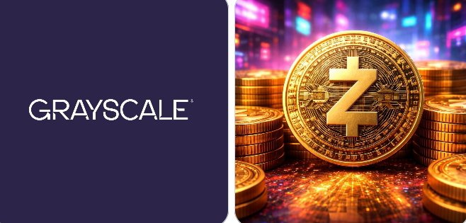 The Grayscale logo appears alongside an image of a gold Zcash coin, representing the company's filing for a Zcash ETF with the SEC. The visual emphasizes the digital currency branding while Grayscale's corporate identity reinforces the financial product announcement.