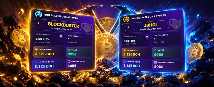 Two glowing digital certificates celebrate solo Bitcoin Cash miners "BLOCKBUSTER" (LugEE Miner for B'd) and "JBHOI" (LugEE Miner for 18'd) for mining their first BCH Solo Blocks #971006 and #970985, each showing 5.00 PH/s mining power, 1 total block, 3.125 BCH mined, and a value of $956. The image visually reinforces the post's announcement of the Power Event winners while highlighting key stats like the 3.125 BCH reward and $956 valuation.
