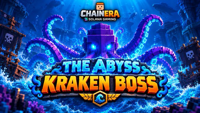 Promotional artwork for "ChainEra Solana Gaming" featuring "THE ABYSS KRAKEN BOSS" with a pixel-art purple kraken emerging from stormy blue waters.